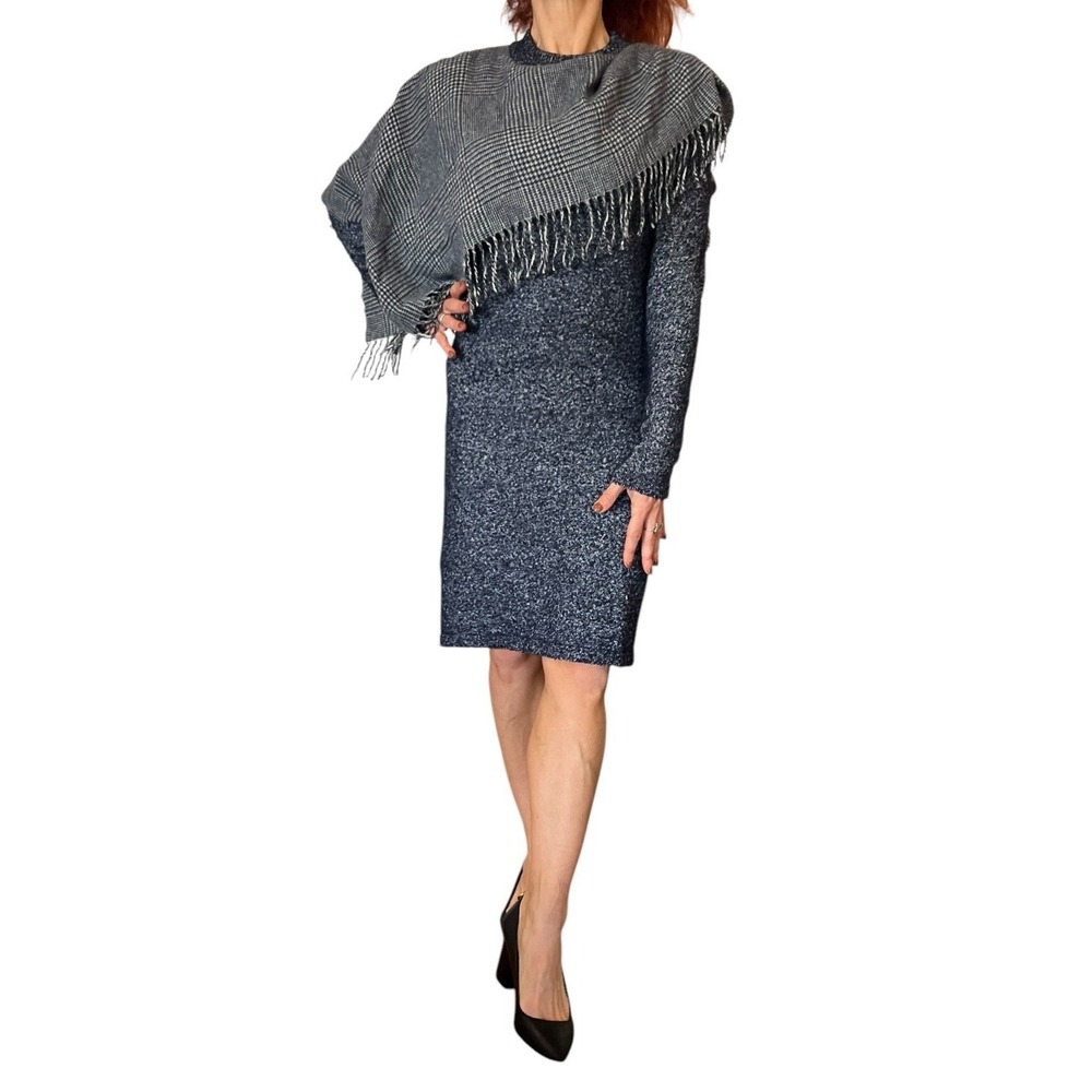 SPORTMAX MAX MARA BLUE WOOL KNIT SWEATER DRESS GLEN PLAID FRINGE SCARF SMALL